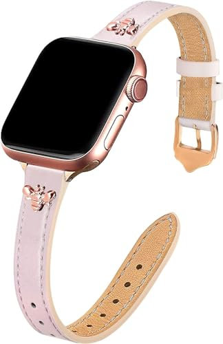 JR.DM Schlankes Lederarmband Damen Kompatibel mit Apple Watch Armband 38mm 40mm 41mm 42mm 44mm 45mm 46mm, Echtes dünnes Leder Ersatzband mit Charms für iWatch Series 10/9/8/7/6/5/4/3/2/1,SE