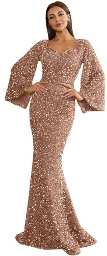 Abend Gwons für Frauen Lange Damen Pailletten Maxikleider Damen Solide Fischschwanz Glänzende Kleider Langarm Glitzer Cocktailkleider V-Ausschnitt Body Enges Kleid Damen Glänzendes Swing Kleid
