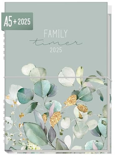 Häfft® Family-Timer 2025 A5+ Minty Leaves Familien-Kalender für 4 Personen, Familien-Planer 12 Monate: Jan bis Dez 25 - nachhaltig & klimafreundlich