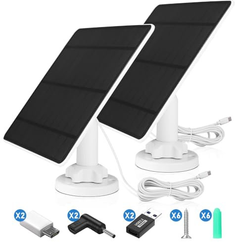 5W Solar Panel for Security Camera, IP65 Waterproof Solar Charger with DC 3.5mm, USB & Type-C Port, 360° Adjustable Mounting (2 Pack)