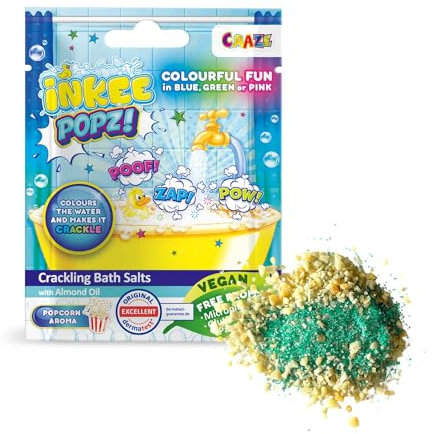 INKEE POPZ | Knisterndes Badesalz Kinder - Bunter Badezusatz in pink, blau oder grün mit Mandelöl & Popcorn-Aroma, 15g Beutel – Badespaß für Kinder