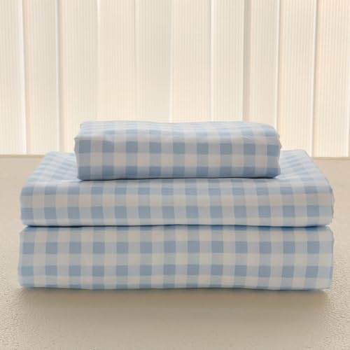 NSNLGSGC Parure de lit 4 pièces à motif vichy bleu clair, en microfibre brossée douce, à carreaux bleu layette, avec poche profonde