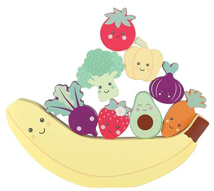 Wooden Stacking Toys - Balancing Toy with Happy Veggies & Friends, Banana, Broccoli, Tomato and more - Wooden Toys for 18months Old, Toddler Early Development & Activity by Orange Tree Toys
