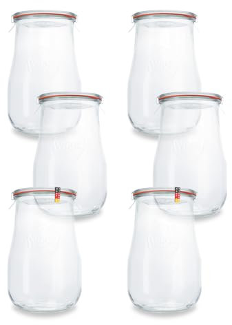 Flaschenbauer - Tulpenglas 6 Stück I 1750 ml Hochwertiges Einweck Einmach Glas I mit Glasdeckel, Dichtungsring und Klammern, zum Einkochen, Hitzebeständig, Mikrowellengeeignet, Backofengeeignet
