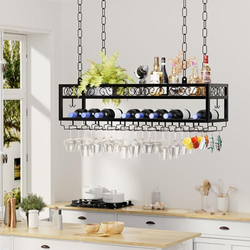 DFENG Scaffale da soffitto per vino, regolabile, in stile industriale, regolabile, per bar, ristoranti, cucine, caffetteria
