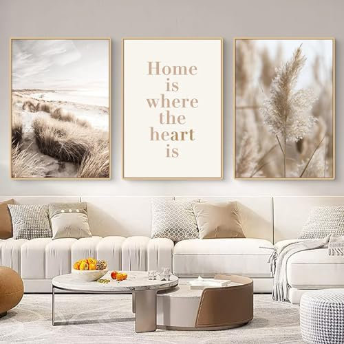 Viusneun Moderne 3er Poster Set, Beige Boho Pampas Gras Strand Bilder Zimmer Wanddeko, Leinwand Bilder für Wohnzimmer Schlafzimmer Esszimmer Wandbild Deko - ohne Rahmen (50x70cm)