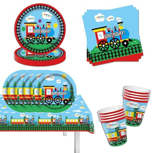 Set di 49 stoviglie per feste di compleanno, per feste di compleanno, treno, set di piatti per feste di compleanno, decorazione per auto, piatti di carta, tovaglioli, decorazione da tavolo