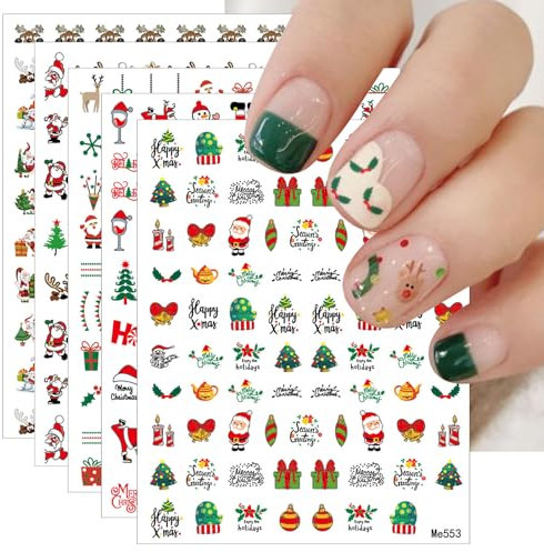 JMEOWIO 10 Sheets Christmas Nail Art Stickers Decals Self-Adhesive Winter Holiday Cute Nail Supplies Nail Art Design Decoration Accessories