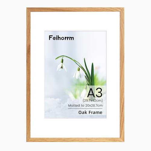 A3 Picture Frame, Solid Oak Wood A3（30x42 cm Photo Frame, A3 Frame with Mount for A4(21x29.7 cm), A3 Poster Documents Certificate Frame with Tempered Glass for Wall Mounting for Home Family Office