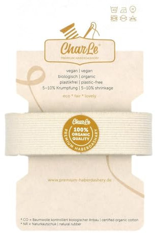 CharLe 2m Bio Einziehgummiband - 28mm breit - Ecru Naturfarben aus Bio Baumwolle und Naturkautschuk, Zuglänge bei 120% Gummiband zum nähen