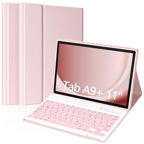 aMZCaSE Bluetooth-Tastaturgehäuse für Samsung Galaxy Tab A9+/ A9 Plus 11 Zoll 2023(SM-X210/X216/X218), DE Layout Slim Wireless abnehmbare Tastatur mit Auto Wake/Sleep Cover (A9PLUS(Rosa))