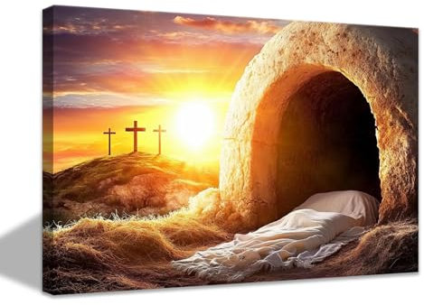 CCWACPP Christliches Osterwanddekor Leinwandgemälde „Jesus Auferstehung“ Bilder mit Sonnenaufgang und Kreuz Posterdrucke „Jesus leeres Grab“ mit Rahmen (30.00 x 45.00 cms)