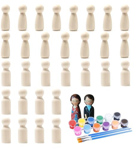 Sixfolo 30 Pezzi Kit di Figure In Legno da Dipingere Bambole di Legno Fai da te da Colorare Persone Legno Non Finite Peg Dolls Legno Piccole con Pennelli e Strisce di Vernice per DIY Artigianato,53 mm