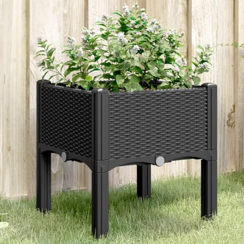 Myheimly Pflanzkasten mit Beinen Rattan-Optik, Pflanzkübel für Garten Terrasse, Blumenkasten Hochbeet Gemüsebeet Schwarz 40x40x42 cm PP