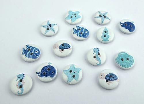 Knöpfe 15mm Holz 10 Stück weiß blau rund Fische Maritim 5
