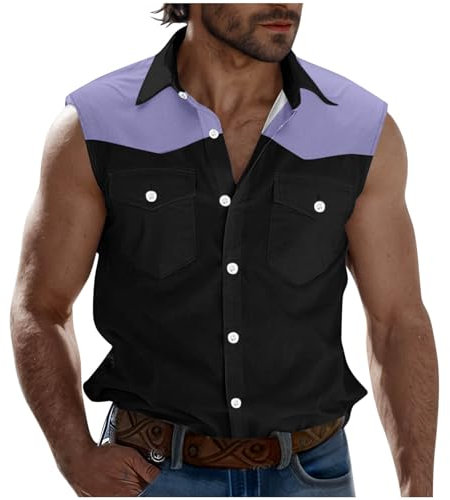 Hemd Herren Ärmelloses Strandhemd Sommer Freizeit Tanktop Männer Casual Muskelshirt Bequeme Leichte Sommerhemd mit Tasche Freizeithemd Fashion Herrenhemd Prime Lila 3XL