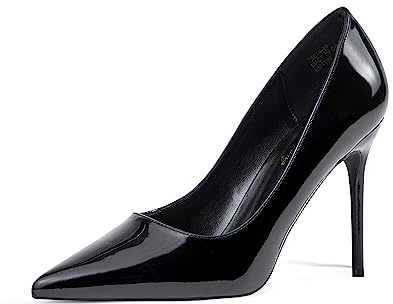 Zhabtuc kvinnor högklackade skor spetsig stängd tå slip on stilettos 10 cm fest bal bröllop klackade skor, Helt svart, 38 EU
