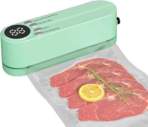Domigard Vakuumiergerät Klein – 7-in-1 Mini Vakuumiergerät mit 3 Temperaturstufen & 5 Vakuumier-Beutel, Tragbar 60 KPA Kabelloser Vakuumversiegelung für Trockene und Feuchte Lebensmittelkonservierung