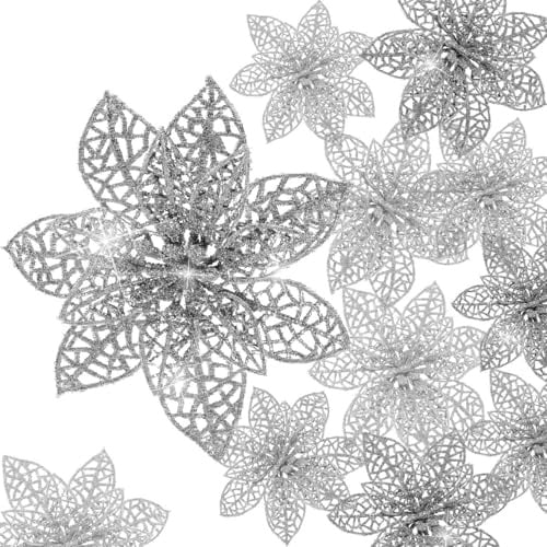EnixwH 24 Stück Blumen Weihnachtsbaum, Blumen für Weihnachtsbaum Glitzer | Weinachtsdekorationen Baum Künstlich Weihnachtsblumen Künstlich für Hochzeit Party Neujahr Wohndeko (Silber)