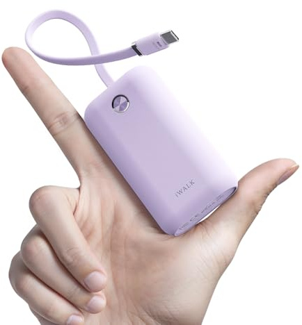 iWALK Mini Power Bank Portatile 10000 mAh, Caricatore Rapido USB-C 22.5 W con Cavo Integrato, Batteria Ultracompatta per iPhone 17/16/15 Series, Samsung e Google, Viola