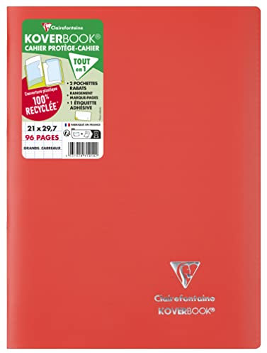 Clairefontaine 971414C Un Cahier Agrafé Koverbook Rouge - A4 21x29,7 cm - 96 Pages Grands Carreaux - Papier Blanc 90 g - Couverture Opaque Polypro Recyclé