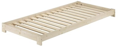 Erst-Holz®Unbehandeltes Bodennahes Einzelbett 90 x 200 cm FichteRollrost inkl.