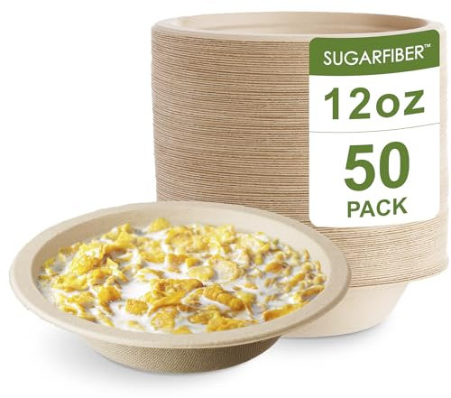 Harvest Pack Round Disposable Bowls - Natural Sugarcane Bagasse Bamboo Fibers Sturdy Twelve Compostable Eco Friendly Paper Bowl 12oz Bowls 50 Count