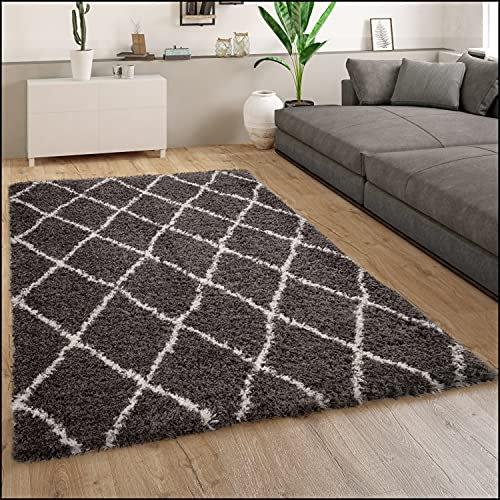 Paco Home Teppich Grau Wohnzimmer Weich Kuschelig Rauten Muster Shaggy Flokati Hochflor, Grösse:80x150 cm