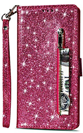 Artfeel Reißverschluss Brieftasche Hülle für Huawei P20 Lite, Bling Glitzer Leder Handyhülle mit Kartenhalter,Flip Magnetverschluss Stand Schutzhülle mit Tasche und Handschlaufe-Rose Rot