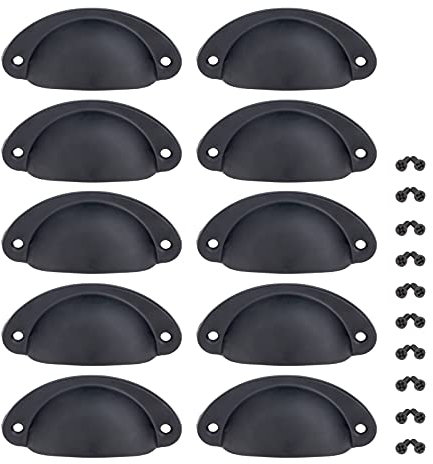 Yetaha 10PCS Black Drawer Handles, Cabinet Cup Pull Handle 82x35mm Drawer Shell Pull Handles, Vintage Antique Kitchen Cupboard Pulls Furniture Knob
