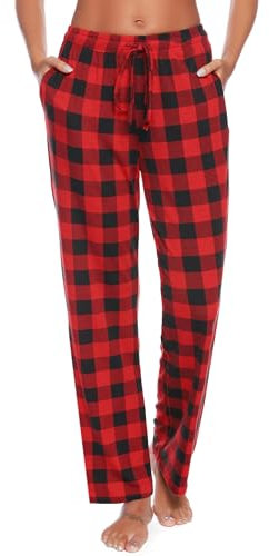 Vlazom Bas de Pyjama Femme Longue Coton Pantalon de Pyjama Femmes,Doux et Confortable à Carreaux Pantalon de Nuit avec Poches - Rouge - M