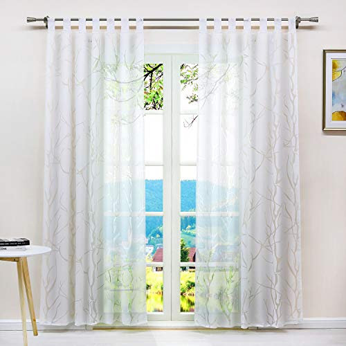 ESLIR Gardinen mit Schlaufen Vorhänge Ausbrenner Weiß Schlaufenschal Transparent Fensterschal Zweige Design BxH 140x225cm 1 Stück