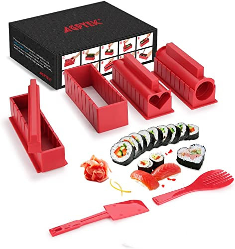 AGPTEK Juego de Moldes y Herramientas de 10 Piezas para Hacer Sushi DIY (Superior), Maki Kit de Fabricación con Cuchillo de Sushi Profesional, Kit de Sushi, Rojo