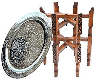 Orientalischer Tisch, aus Versilbertem Messing Tablett, Zedernholz Gestell Ø 40 cm für Ihre Wohnzimmer | Antik Vintage Marokkanischer Beistelltisch Tisch Sofatisch 100% traditionelle Handarbeit