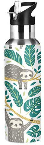 Stainless Steel Water Bottle with Straw, Cute Sloths And Tropical Palm Leaves Insulated Drink Flask Sports Water Bottle for Kids Adults, Leakproof, 600ml