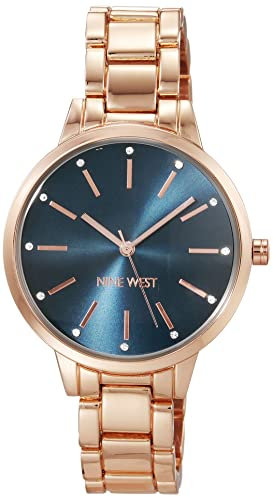 Nine West Women's Crystal Accented Bracelet Watch,Rose Gold/Navy