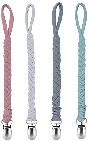 Schnullerkette Baumwolle Schnullerband Mädchen und Jungs Schnullerketten Clips für Lätzchen Dreieckstuch Sauger 4 Stücke(grau ) …