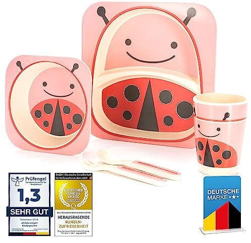 all Kids United® Kindergeschirr-Set aus Kunststoff; 5-teiliges Mehrweg Geschirr-Set mit Tier-Motive; Becher, Schüssel, Teller, Löffel & Gabel für Kinder (Marienkäfer)