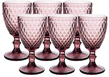 NiLor Juego de 6 copas de cristal de colores vintage, diseño de diamante, copas de vino rosa, copas de fiesta, copas de vino, copa de boda, 12 onzas (rosa)