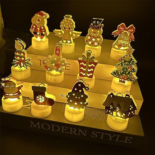 KINMRIS 12Pcs Christmas LED Tealight Candles Set 3D Christmas Flameless Candle Light Battery Operated Warm White Flickering Indoor and Outdoor Party Favors