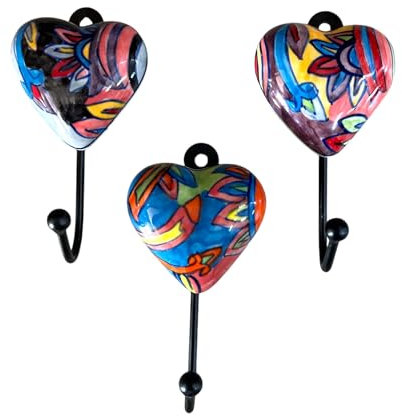 Gall&Zick Wandhaken Haken bunt Set Motiv Keramik Handtuchhaken handbemalt (Herzen Set/3)