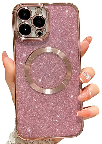 MGQILING Compatible with iPhone 12 Pro Max Magnetic Glitter Case, Luxury Plating Cute Bling Clear Phone Case, Compatible with MagSafe for Women Girls with Camera Protector Back Cover - Pink