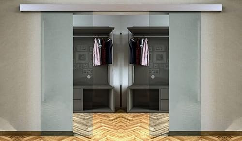 Porta scorrevole doppia anta in vetro a due ante contrapposte con maniglietta inox (60+60 x 215 cm) (VETRO TRASPARENTE)