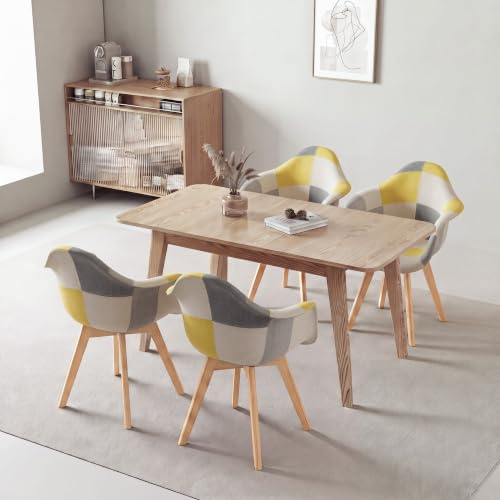 HJhomeheart 4er Esszimmerstühle aus Patchwork-Stoff mit Armlehnen, Moderner Design-Sessel, Skandinavischer Küchenstuhl aus Buchenholz (Gelb)