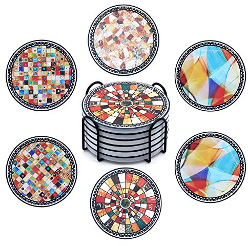 Mandala Drink Coaster Set of 6 Absorbent Stone Ceramic Coaster With Holder 10 cm Round Decorative Coasters of Mugs and Cups, Cork Base For Women/Men