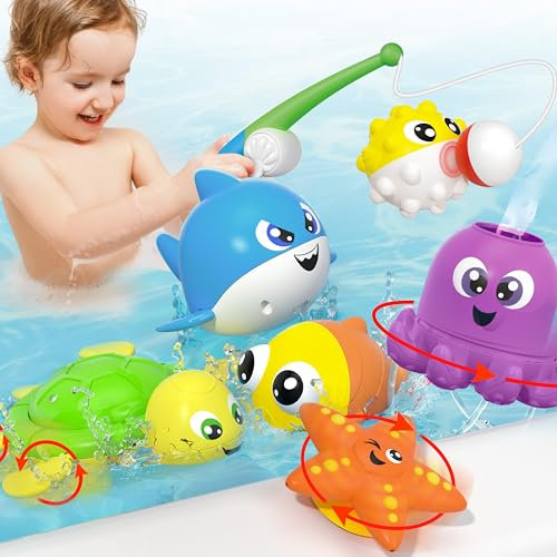 JOYIN Juego de juguetes de baño para bebé, juguete de pesca magnético con caña de pescar, suave acolchado y pez payaso, pulpo giratorio y estrella de mar, tiburón y tortuga, desarrollo sensorial para