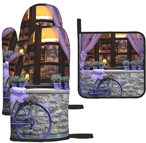 Ofenhandschuhe und Topflappen-Set, violettes Fahrrad am Fenster, Ofenhandschuhe und Topfpads, hitzebeständige Küchenhandschuhe und rutschfeste Topflappen zum Kochen, Backen, Grillen