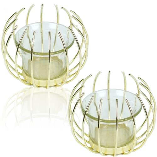 LUXURALS Zwei goldene Kerzenhalter für Teelichter aus Metall mit Glas Teelichthalter Glas Candle Holder