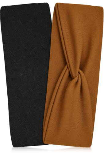 Kitsch Wide Headbands for Women Non Slip - Running Headbands for Girls, Ideal for Working Out, Yoga, Gym, or Lounging | Stretchy Head Bands | Fashion Hair Accessories - Black and Camel, 2pcs