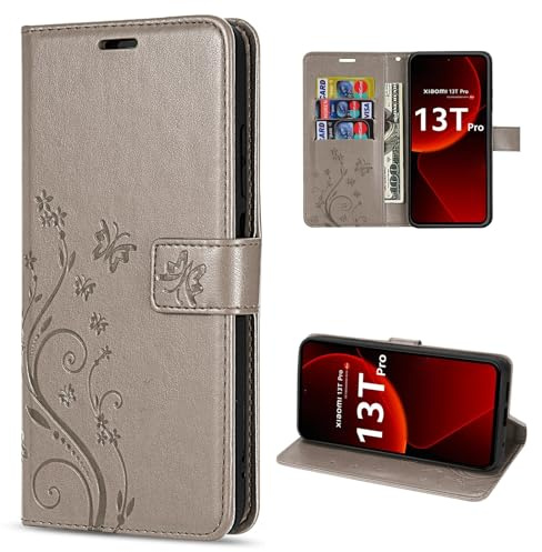 betterfon Hülle Kompatibel mit Xiaomi 13T / 13T Pro | Premium PU Leder Handyhülle Wallet Case für 13T / 13T Pro | Schutzhülle Blumen Klapphülle Handyhülle | Grau